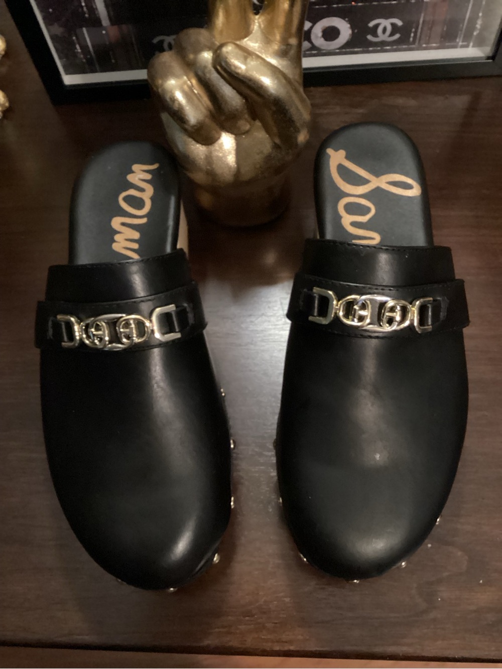 Sam Edelman Black Slip-On Mules with Gold Chain Accent
